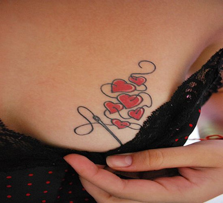 Sexy Girl Tattoo With red Heart Tattoo on Breast