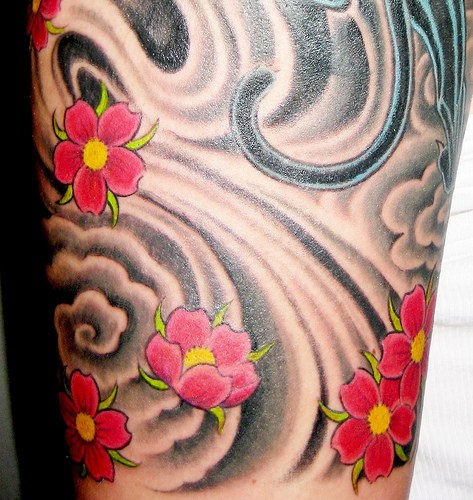 forearm tattoos cherry blossoms lettering